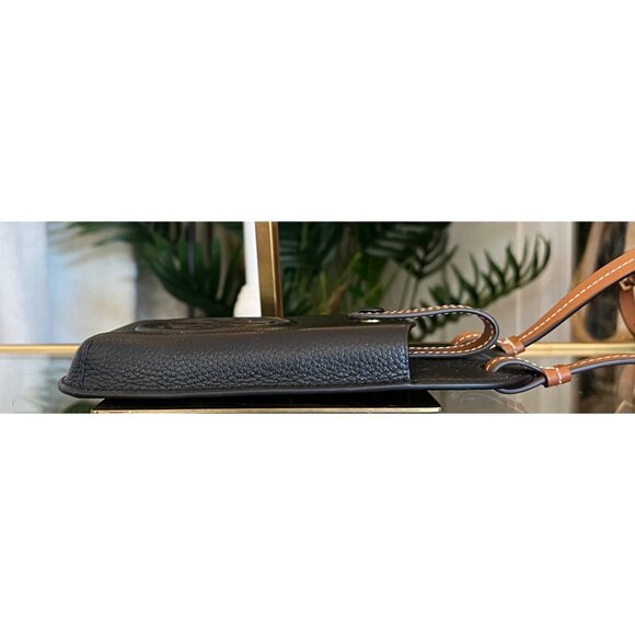 Tory Burch Perry Bombe Leather Phone Crossbody Bag Black/Brown OS - Picture 2 of 7